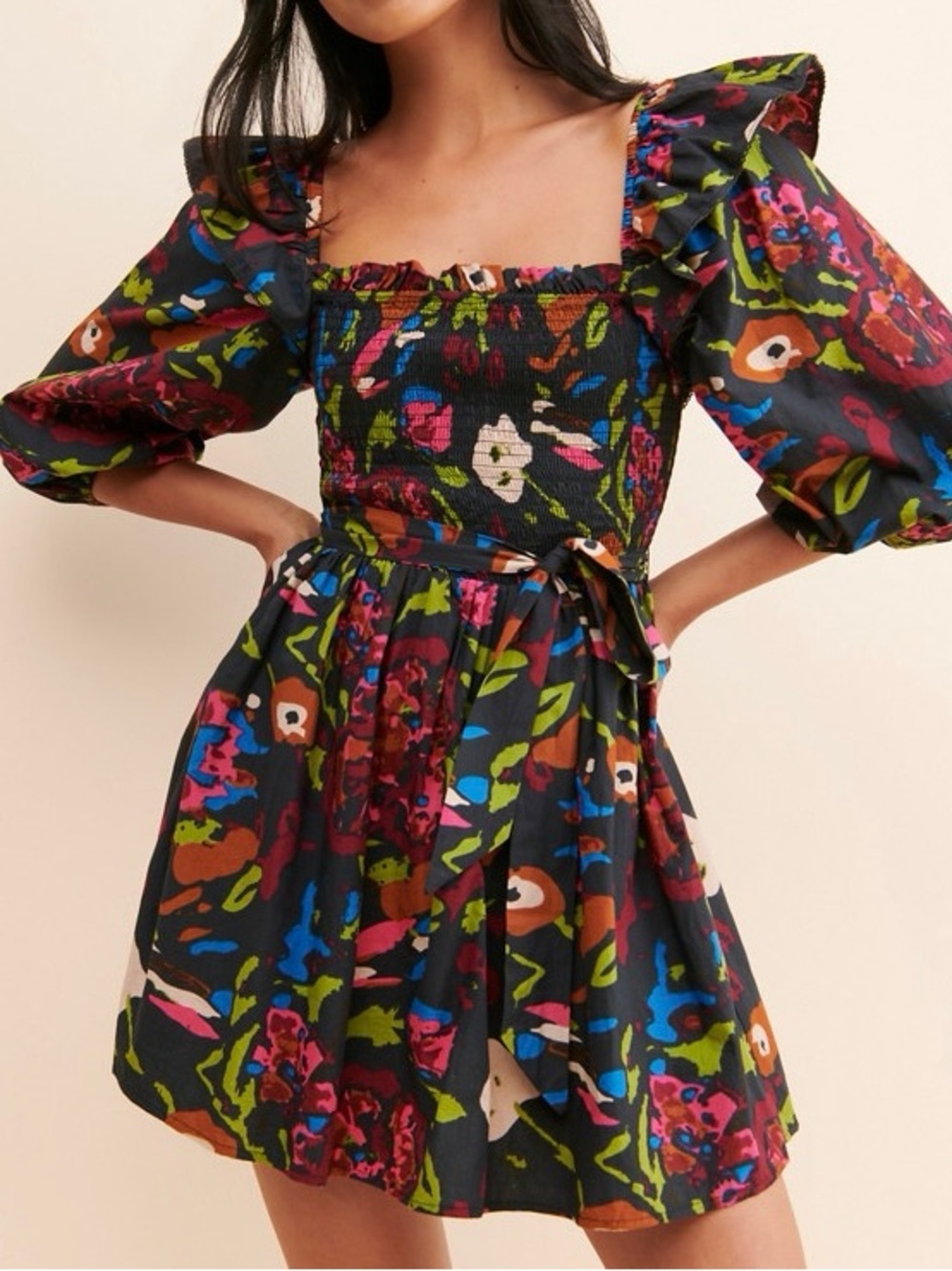 Cleobella Mischa Mini Dress XS Black Multicolor Floral Smocked Puff Sleeve
